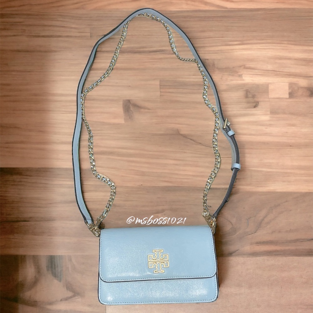 Tory Burch Britten Pebbled Leather Double Strap Chain/Leather Crossbody Sky Blue